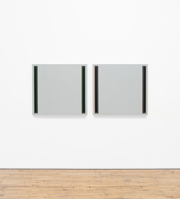 Two square gray canvases on a white wall. The left has dark verticle lines on the left and right sides of the canvas with a green rectangle on the left and right edges of the dark lines. The right has dark verticle lines on the left and right sides of the canvas with an orange/red rectangle on the left and right edges.